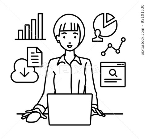 一位身穿襯衫的女士在辦公桌前的電腦前進行研究、數據分析和撰寫報告 一位身穿襯衫的女士在辦公桌前的電腦前進行研究、數據分析和撰寫報告 95101530