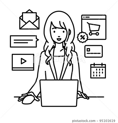 A woman in a suit sitting at a desk and doing an online shop or marketing job on a PC 95101619