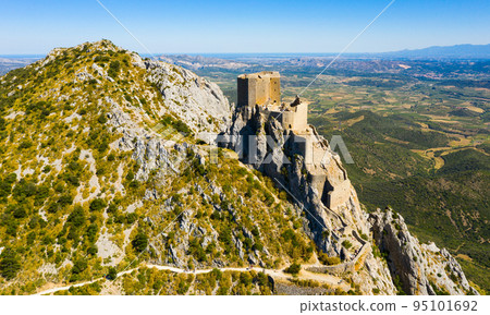 Panoramic view of castle Chateau de Queribus. Aude department. France 95101692