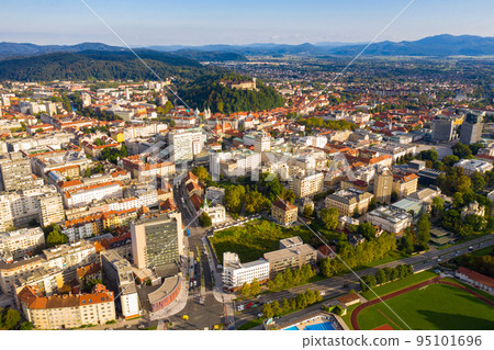 Aerial view of Ljubljana cityscape with buildings and streets Aerial view of Ljubljana cityscape with buildings and streets 95101696