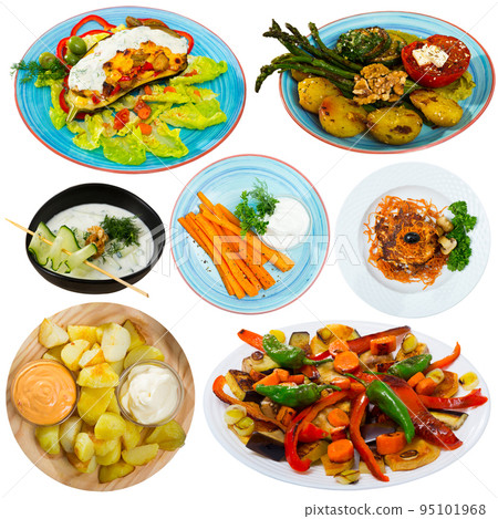 Set of various appetizing dishes with vegetables isolated on white background Set of various appetizing dishes with vegetables isolated on white background 95101968