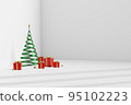 3D rendering green spiral Christmas tree with red gift boxes on step corner of white room. 95102223