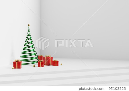 3D rendering green spiral Christmas tree with red gift boxes on step corner of white room. 3D rendering green spiral Christmas tree with red gift boxes on step corner of white room. 95102223