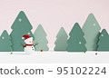 3D rendering snowman with cute papercut Christmas tree background. 95102224