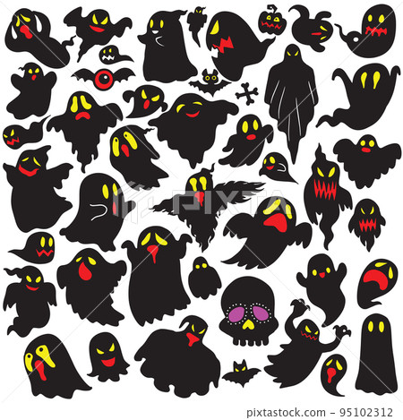Silhouette of flying evil spirit in vector style collection. Graphic resource about ghost and fantasy. Silhouette of flying evil spirit in vector style collection. Graphic resource about ghost and fantasy. 95102312