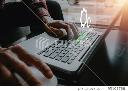 Update progress concept, Person waiting for installing update process with loading bar icon on virtual screen on laptop computer. 95103766