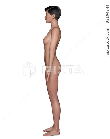 Naked woman standing upright with hands open, side view Naked woman standing upright with hands open, side view 95104844