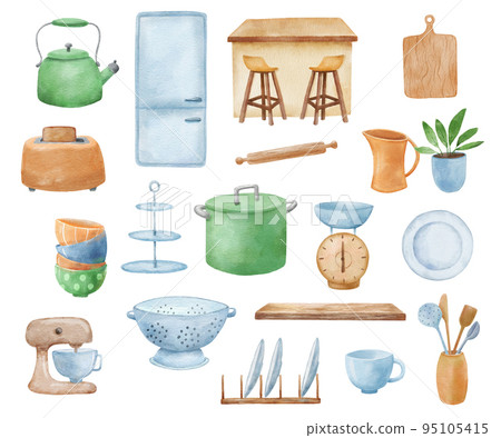 Watercolor cute kitchen tool. Saucepan, kettle and refrigerator drawing. Cooking hand drawn illustrations set isolated on white background 95105415