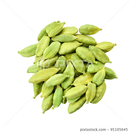 Pile green cardamom pods isolated on white background, top view. Pile green cardamom pods isolated on white background, top view. 95105645