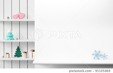 3D rendering white table or counter in white room, with Christmas decoration. 3D rendering white table or counter in white room, with Christmas decoration. 95105869