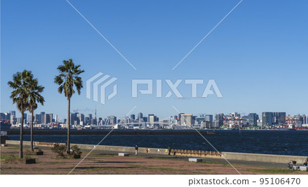 有台場建築和棕櫚樹的城南島海濱公園/藍天復制空間 有台場建築和棕櫚樹的城南島海濱公園/藍天復制空間 95106470