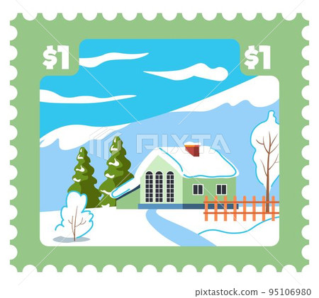 Winter postcard or postmark with snowy landscape 95106980