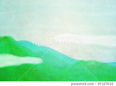 White clouds on green mountains background illustration with watercolor and Japanese paper texture White clouds on green mountains background illustration with watercolor and Japanese paper texture 95107638