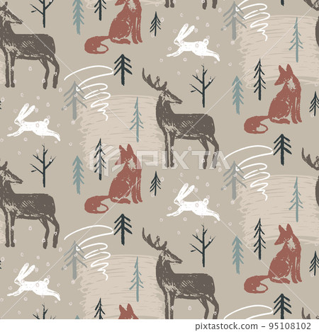 Vector Christmas seamless pattern with hand drawn winter forest trees, animals, abstract texture. Vector endless background of new year symbols 95108102