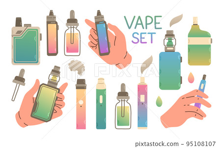 Vape shop colorful set. Electronic cigarettes and vape set. Modern vector illustration 95108107