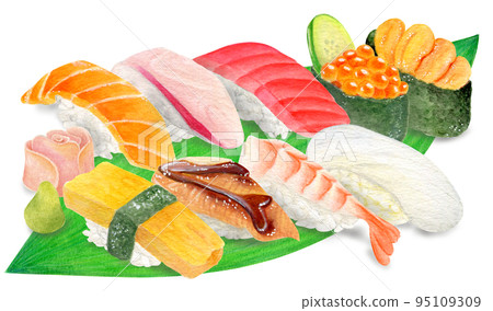 9 種握壽司的手繪水彩插圖 95109309
