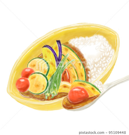 Illustration of curry rice with plenty of watercolor style summer vegetables Illustration of curry rice with plenty of watercolor style summer vegetables 95109448