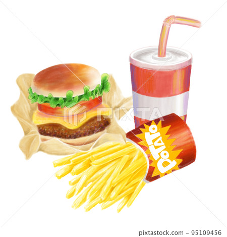 Illustration of a set of hamburgers and fries like painted in watercolor Illustration of a set of hamburgers and fries like painted in watercolor 95109456