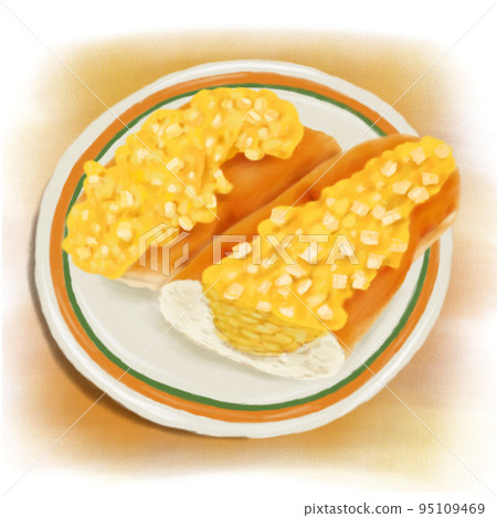 Illustration of an egg dog that looks like it was painted in watercolor 95109469