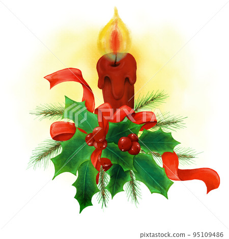 Illustration of a holly tree and a candle that looks like it was painted with watercolors Illustration of a holly tree and a candle that looks like it was painted with watercolors 95109486