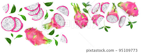 Dragon fruit, Pitaya or Pitahaya isolated on white background. Top view. Flat lay Dragon fruit, Pitaya or Pitahaya isolated on white background. Top view. Flat lay 95109773