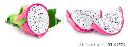 half of Ripe Dragon fruit, Pitaya or Pitahaya with leaves isolated on white background, fruit healthy concept 95109774