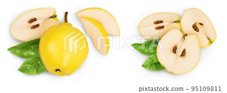 Fresh quince with slices isolated on the white background with full depth of field. Top view. Flat lay 95109811