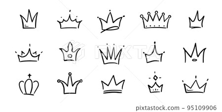 Doodle crown hand drawn set. Doodle princess crown, queen tiara. Line sketch royal element. Queen, king hand drawn simple design element. Isolated Doodle crown hand drawn set. Doodle princess crown, queen tiara. Line sketch royal element. Queen, king hand drawn simple design element. Isolated 95109906