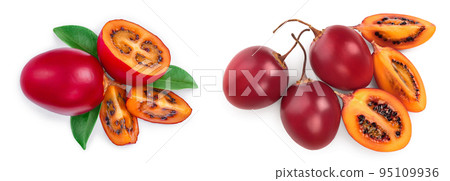 Fresh tamarillo fruit with leaves isolated on white background. Top view. Flat lay Fresh tamarillo fruit with leaves isolated on white background. Top view. Flat lay 95109936