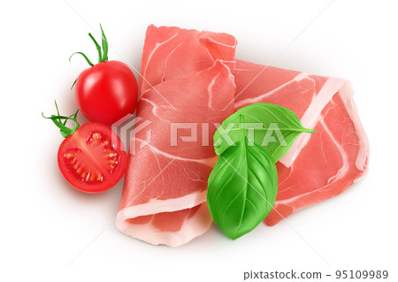 Italian prosciutto crudo or spanish jamon. Raw ham isolated on white background with full depth of field. Top view. Flat lay Italian prosciutto crudo or spanish jamon. Raw ham isolated on white background with full depth of field. Top view. Flat lay 95109989