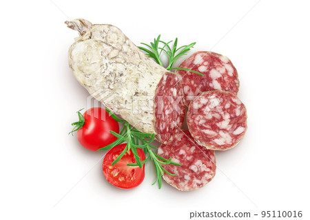 Cured salami sausage slices isolated on white background. Italian cuisine with full depth of field. Top view. Flat lay. 95110016