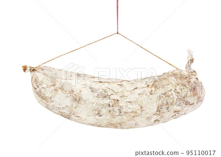 Cured salami sausage isolated on white background. Italian cuisine with full depth of field Cured salami sausage isolated on white background. Italian cuisine with full depth of field 95110017