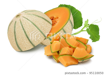 Cantaloupe melon isolated on white background with full depth of field, Cantaloupe melon isolated on white background with full depth of field, 95110050
