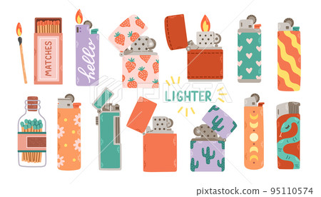 Set of various Lighters. Metal and plastic cigarette lighters with cool colorful prints. Vector illustration Set of various Lighters. Metal and plastic cigarette lighters with cool colorful prints. Vector illustration 95110574
