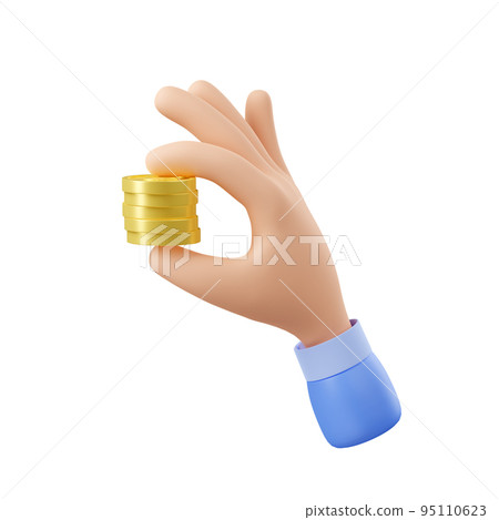3d render hand with money, golden coins stack 95110623