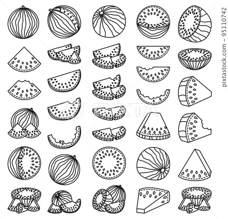 Line art black and white collection of 33 elements Ripe watermelons 95110742