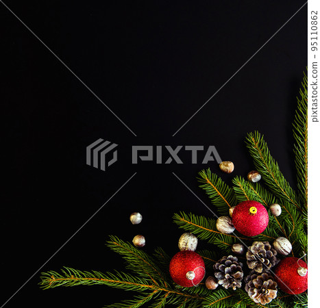 Christmas background with balls, fir tree branches Christmas background with balls, fir tree branches 95110862
