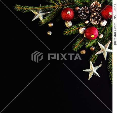 Christmas background with balls, fir tree branches Christmas background with balls, fir tree branches 95110864