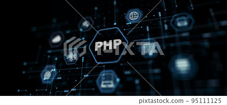 Technical background PHP inscription. Network internet concept Technical background PHP inscription. Network internet concept 95111125
