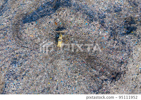 Aerial view of large landfill. Waste garbage dump, environmental pollution Aerial view of large landfill. Waste garbage dump, environmental pollution 95111952