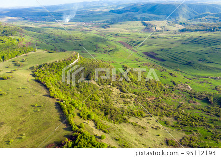 Aerial view of vibrant green pasture and forest in the spring 95112193
