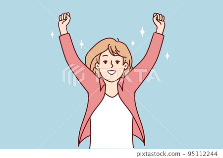 Smiling woman raise hands celebrate win  95112244