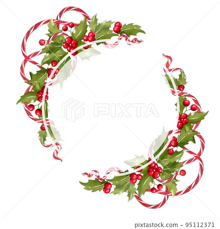 Christmas frame made of mistletoe and ribbon. Festive decoration Christmas frame made of mistletoe and ribbon. Festive decoration 95112371
