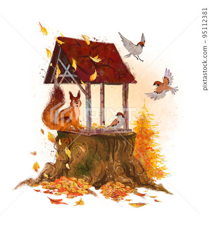 Autumn park bird feeder composition with sparrows and squirrel sit isolated. Watercolor hand drawn fall illustration. Autumn park bird feeder composition with sparrows and squirrel sit isolated. Watercolor hand drawn fall illustration. 95112381