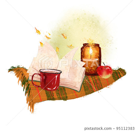 Cozy autumn picnic in the park. Watercolor hand drawn fall illustration. Cozy autumn picnic in the park. Watercolor hand drawn fall illustration. 95112383
