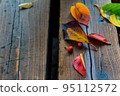 秋天:落在長凳上的彩色葉子 秋天:落在長凳上的彩色葉子 95112572