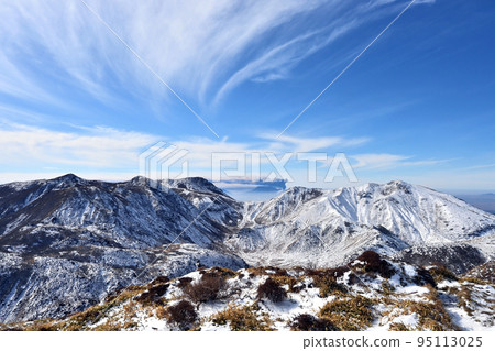 The winter scenery from Mt. Mitsumata in the Kuju mountain range The winter scenery from Mt. Mitsumata in the Kuju mountain range 95113025