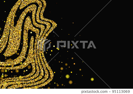 Golden sparkles, golden dots in the form of bright curved wavy lines on a black background 95113069