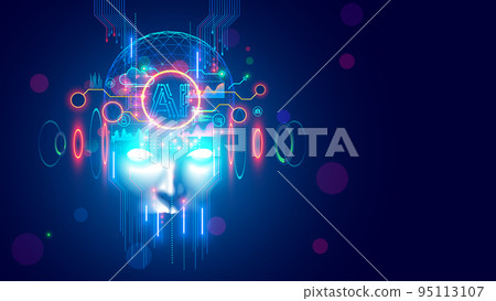 AI with scary face on halloween. Head skull of robot with lighting eyes. Bad Artificial Intelligence in image cyborg look at eyes. Tech halloween party banner. Evil computer 95113107