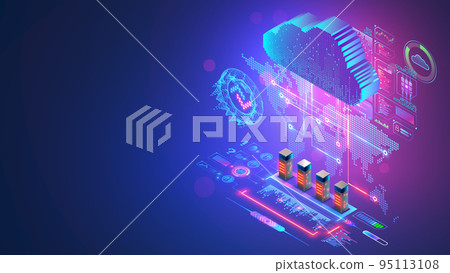 Cloud computing technology concept. Digital Cloud hover over world map. Cloud storage in data center. Servers of global internet network work with big data. Internet service of storage information. Cloud computing technology concept. Digital Cloud hover over world map. Cloud storage in data center. Servers of global internet network work with big data. Internet service of storage information. 95113108